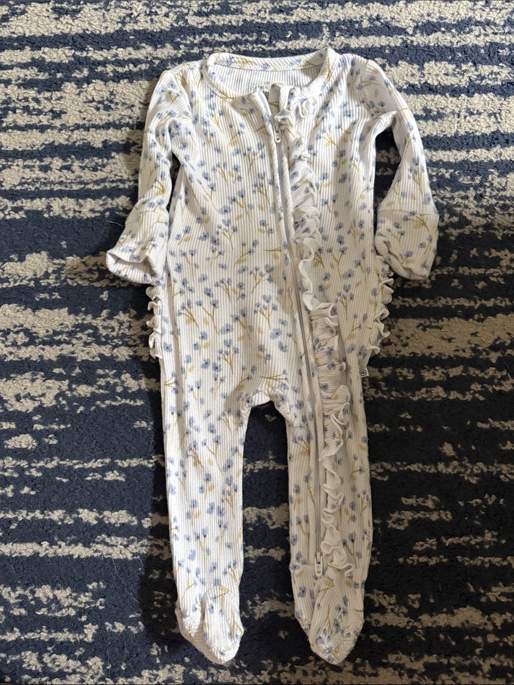 Caden Lane Cream Footie with Blue and Pale Yellow Floral Ruffle